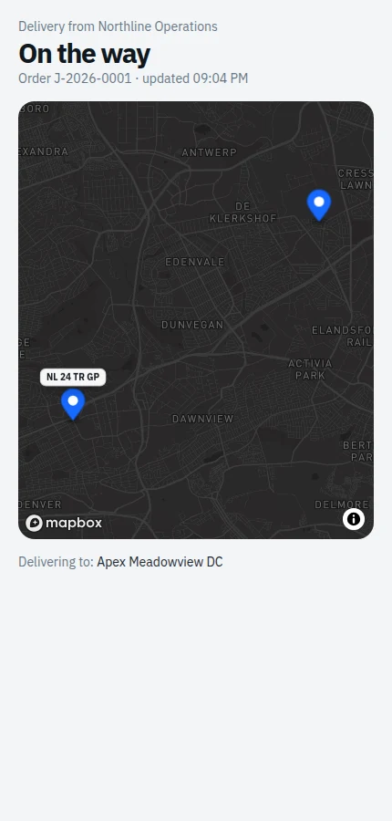 TransportOS customer tracking page showing one delivery and reported vehicle position