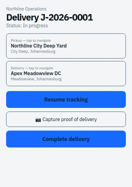 TransportOS driver view showing the next delivery action