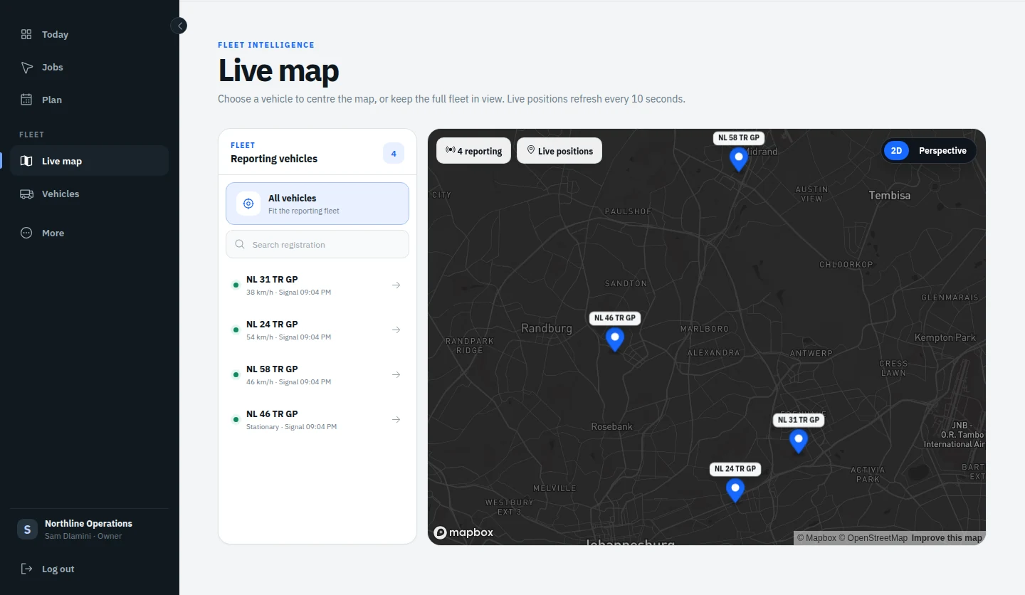 TransportOS fleet map showing reported vehicle positions and job route context